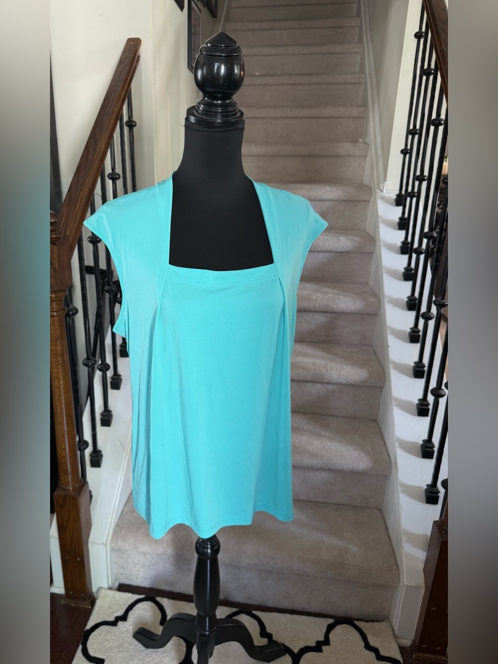 Kasper Aqua Square Neck Cap Sleeve Top